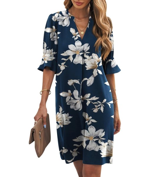 Wkior Shift Dress for Women V Neck Short Sleeves Solid Color Casual Flowy Summer Dresses(S-2XL)