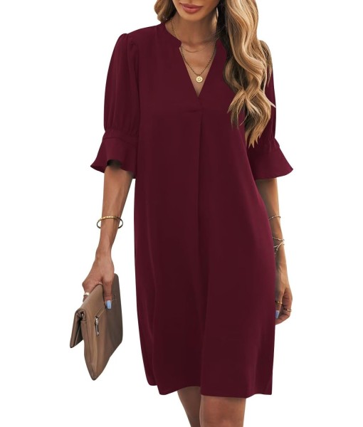 Wkior Shift Dress for Women V Neck Short Sleeves Solid Color Casual Flowy Summer Dresses(S-2XL)