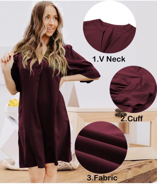Wkior Shift Dress for Women V Neck Short Sleeves Solid Color Casual Flowy Summer Dresses(S-2XL)