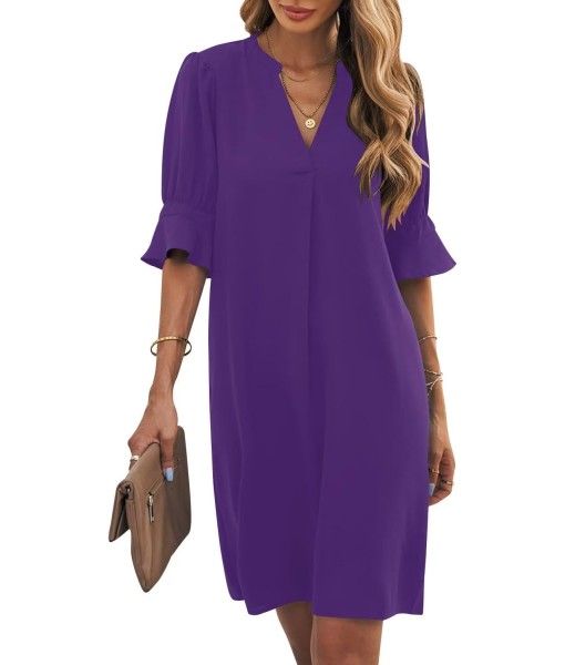 Wkior Shift Dress for Women V Neck Short Sleeves Solid Color Casual Flowy Summer Dresses(S-2XL)