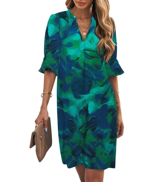 Wkior Shift Dress for Women V Neck Short Sleeves Solid Color Casual Flowy Summer Dresses(S-2XL)
