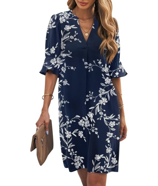Wkior Shift Dress for Women V Neck Short Sleeves Solid Color Casual Flowy Summer Dresses(S-2XL)