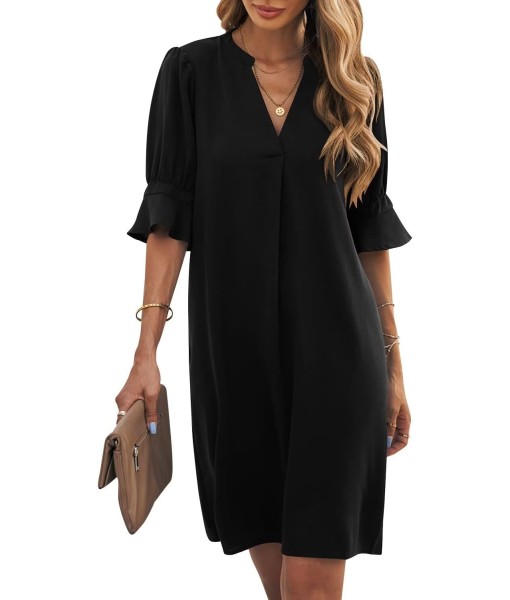 Wkior Shift Dress for Women V Neck Short Sleeves Solid Color Casual Flowy Summer Dresses(S-2XL)