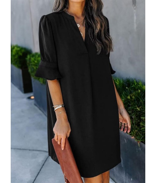 Wkior Shift Dress for Women V Neck Short Sleeves Solid Color Casual Flowy Summer Dresses(S-2XL)