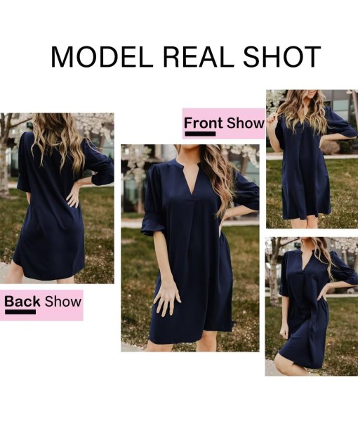 Wkior Shift Dress for Women V Neck Short Sleeves Solid Color Casual Flowy Summer Dresses(S-2XL)