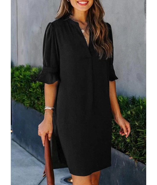 Wkior Shift Dress for Women V Neck Short Sleeves Solid Color Casual Flowy Summer Dresses(S-2XL)