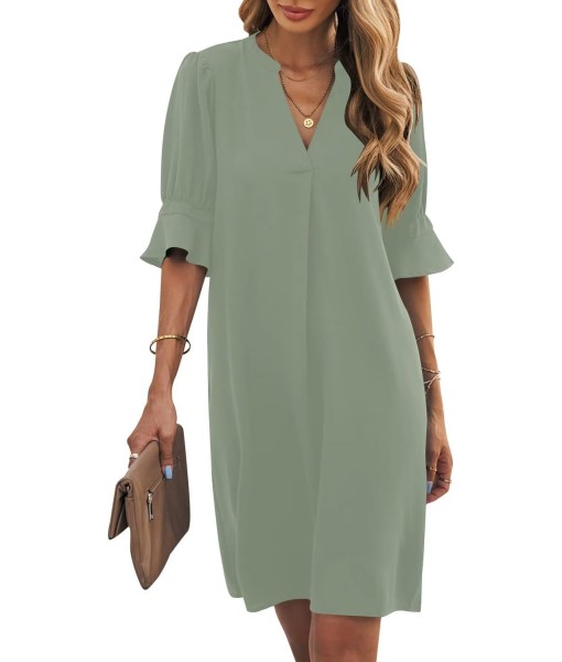 Wkior Shift Dress for Women V Neck Short Sleeves Solid Color Casual Flowy Summer Dresses(S-2XL)