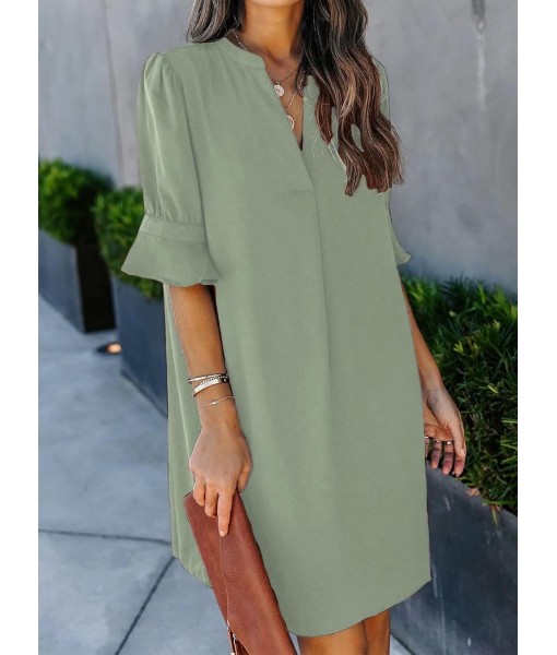 Wkior Shift Dress for Women V Neck Short Sleeves Solid Color Casual Flowy Summer Dresses(S-2XL)
