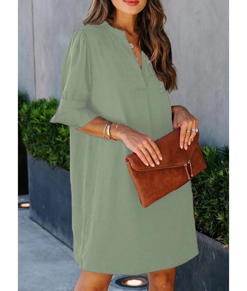 Wkior Shift Dress for Women V Neck Short Sleeves Solid Color Casual Flowy Summer Dresses(S-2XL)