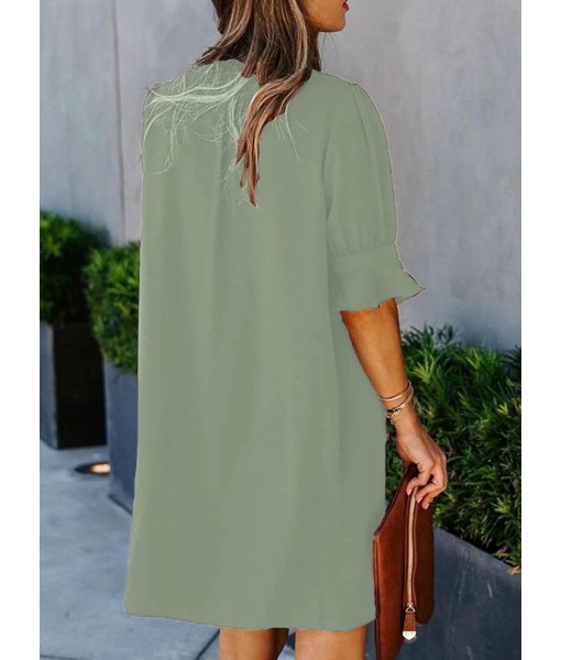 Wkior Shift Dress for Women V Neck Short Sleeves Solid Color Casual Flowy Summer Dresses(S-2XL)