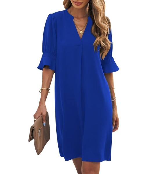Wkior Shift Dress for Women V Neck Short Sleeves Solid Color Casual Flowy Summer Dresses(S-2XL)