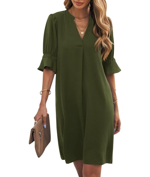 Wkior Shift Dress for Women V Neck Short Sleeves Solid Color Casual Flowy Summer Dresses(S-2XL)