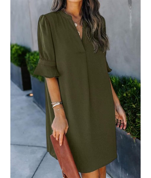 Wkior Shift Dress for Women V Neck Short Sleeves Solid Color Casual Flowy Summer Dresses(S-2XL)