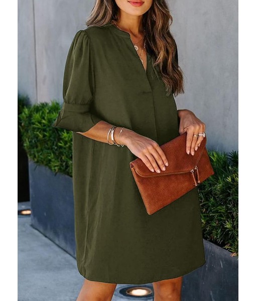 Wkior Shift Dress for Women V Neck Short Sleeves Solid Color Casual Flowy Summer Dresses(S-2XL)