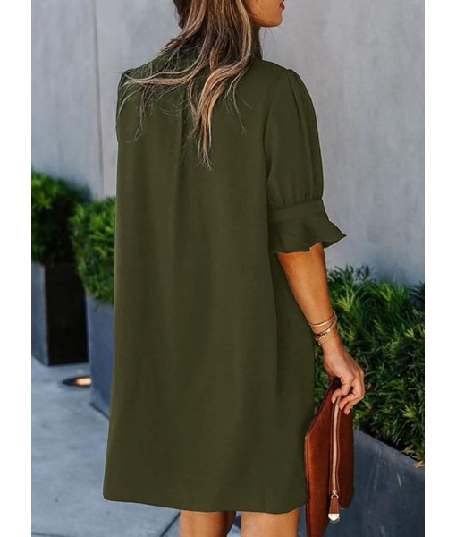 Wkior Shift Dress for Women V Neck Short Sleeves Solid Color Casual Flowy Summer Dresses(S-2XL)