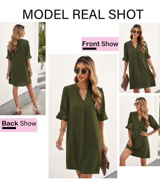 Wkior Shift Dress for Women V Neck Short Sleeves Solid Color Casual Flowy Summer Dresses(S-2XL)