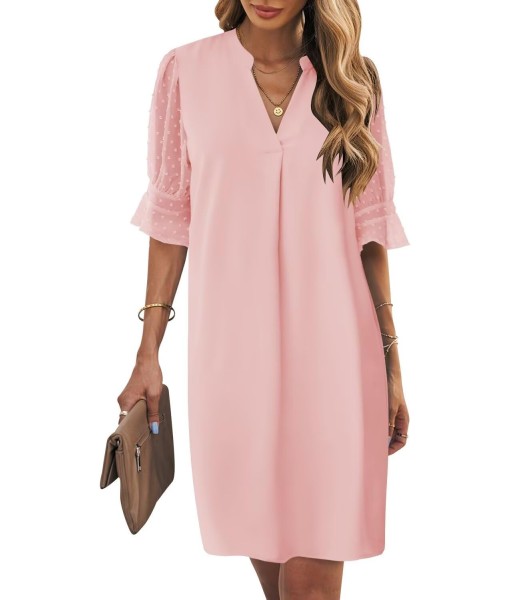 Wkior Shift Dress for Women V Neck Short Sleeves Solid Color Casual Flowy Summer Dresses(S-2XL)