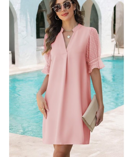 Wkior Shift Dress for Women V Neck Short Sleeves Solid Color Casual Flowy Summer Dresses(S-2XL)