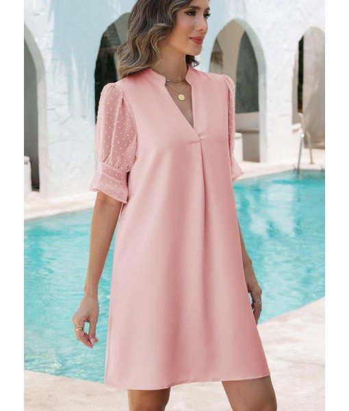 Wkior Shift Dress for Women V Neck Short Sleeves Solid Color Casual Flowy Summer Dresses(S-2XL)
