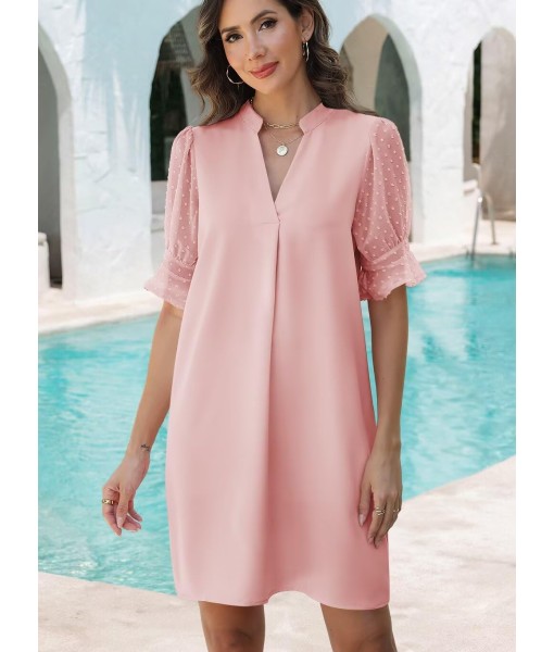Wkior Shift Dress for Women V Neck Short Sleeves Solid Color Casual Flowy Summer Dresses(S-2XL)