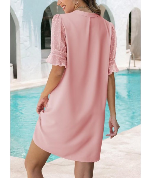 Wkior Shift Dress for Women V Neck Short Sleeves Solid Color Casual Flowy Summer Dresses(S-2XL)