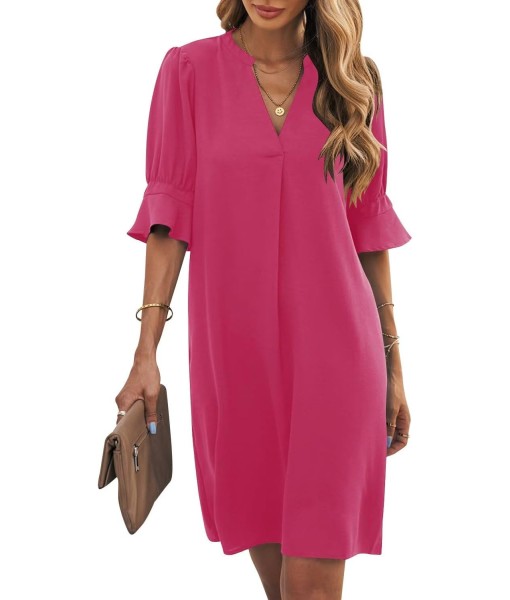 Wkior Shift Dress for Women V Neck Short Sleeves Solid Color Casual Flowy Summer Dresses(S-2XL)