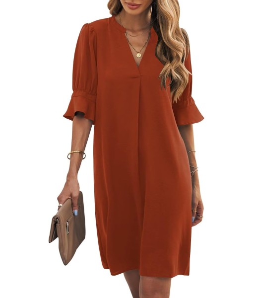 Wkior Shift Dress for Women V Neck Short Sleeves Solid Color Casual Flowy Summer Dresses(S-2XL)