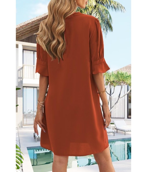 Wkior Shift Dress for Women V Neck Short Sleeves Solid Color Casual Flowy Summer Dresses(S-2XL)