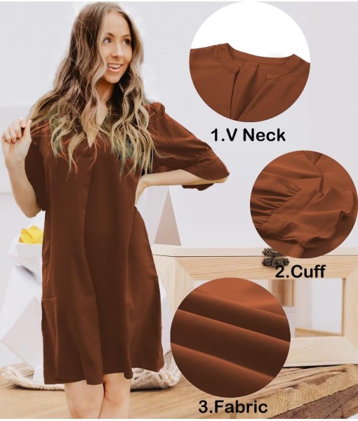 Wkior Shift Dress for Women V Neck Short Sleeves Solid Color Casual Flowy Summer Dresses(S-2XL)