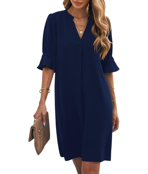 Wkior Shift Dress for Women V Neck Short Sleeves Solid Color Casual Flowy Summer Dresses(S-2XL)