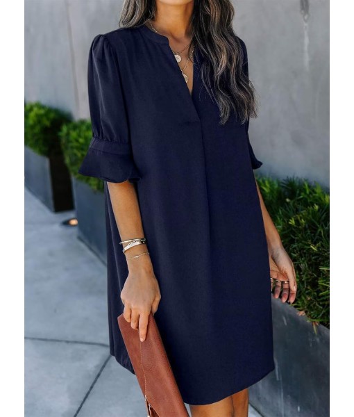 Wkior Shift Dress for Women V Neck Short Sleeves Solid Color Casual Flowy Summer Dresses(S-2XL)