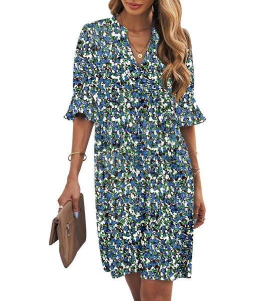 Wkior Shift Dress for Women V Neck Short Sleeves Solid Color Casual Flowy Summer Dresses(S-2XL)