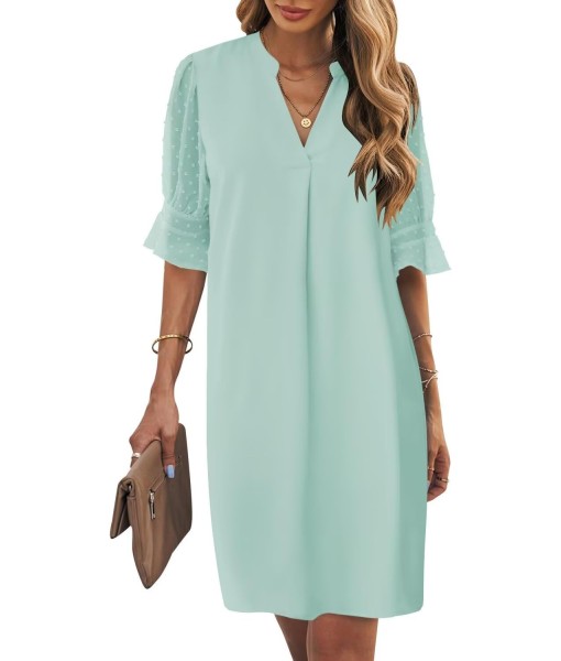 Wkior Shift Dress for Women V Neck Short Sleeves Solid Color Casual Flowy Summer Dresses(S-2XL)