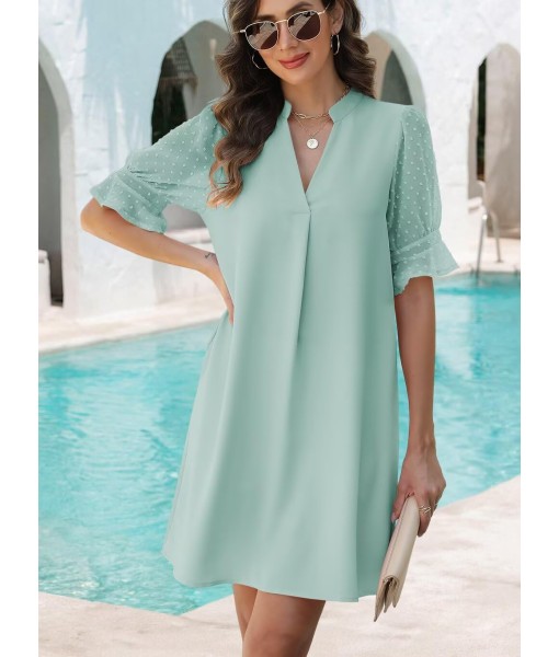 Wkior Shift Dress for Women V Neck Short Sleeves Solid Color Casual Flowy Summer Dresses(S-2XL)