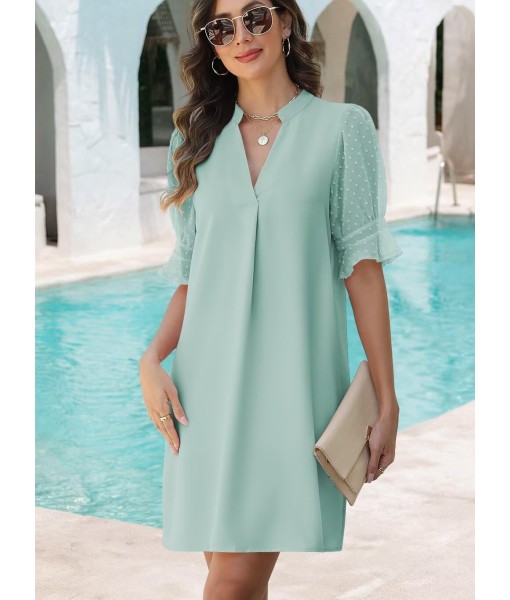 Wkior Shift Dress for Women V Neck Short Sleeves Solid Color Casual Flowy Summer Dresses(S-2XL)