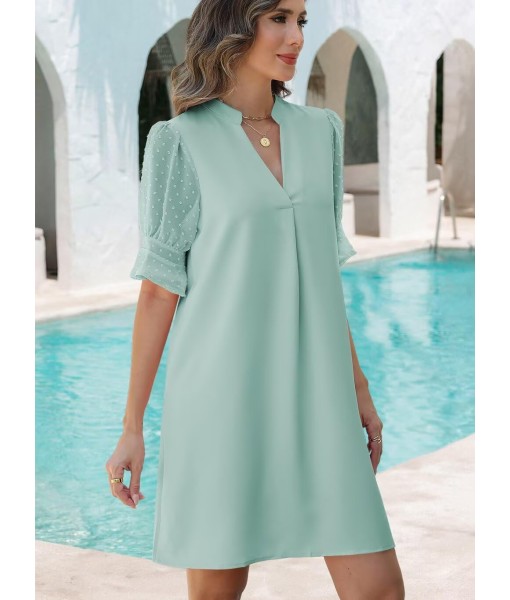 Wkior Shift Dress for Women V Neck Short Sleeves Solid Color Casual Flowy Summer Dresses(S-2XL)