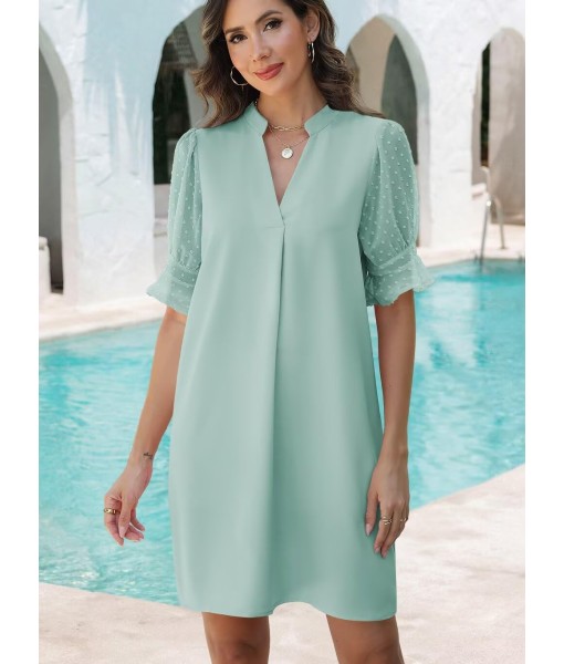 Wkior Shift Dress for Women V Neck Short Sleeves Solid Color Casual Flowy Summer Dresses(S-2XL)