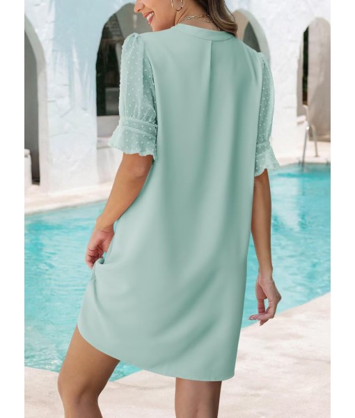 Wkior Shift Dress for Women V Neck Short Sleeves Solid Color Casual Flowy Summer Dresses(S-2XL)