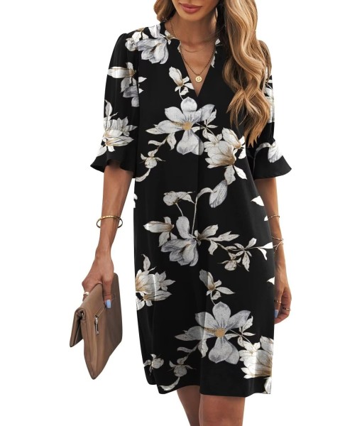 Wkior Shift Dress for Women V Neck Short Sleeves Solid Color Casual Flowy Summer Dresses(S-2XL)