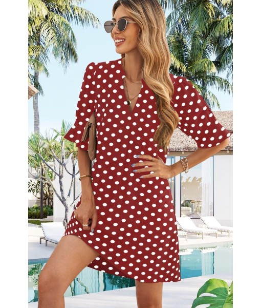 Wkior Shift Dress for Women V Neck Short Sleeves Solid Color Casual Flowy Summer Dresses(S-2XL)