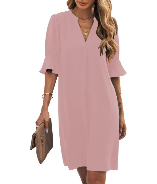 Wkior Shift Dress for Women V Neck Short Sleeves Solid Color Casual Flowy Summer Dresses(S-2XL)