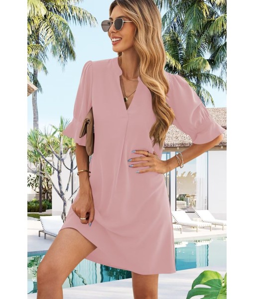 Wkior Shift Dress for Women V Neck Short Sleeves Solid Color Casual Flowy Summer Dresses(S-2XL)