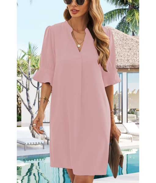Wkior Shift Dress for Women V Neck Short Sleeves Solid Color Casual Flowy Summer Dresses(S-2XL)