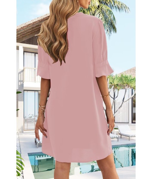 Wkior Shift Dress for Women V Neck Short Sleeves Solid Color Casual Flowy Summer Dresses(S-2XL)