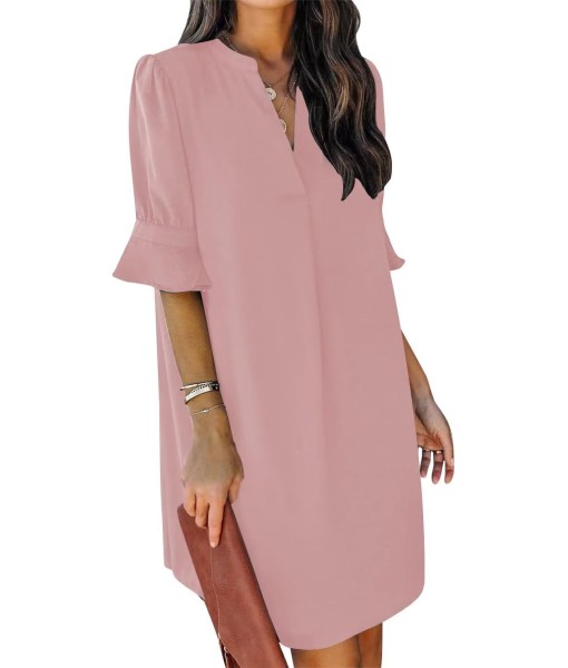 Wkior Shift Dress for Women V Neck Short Sleeves Solid Color Casual Flowy Summer Dresses(S-2XL)
