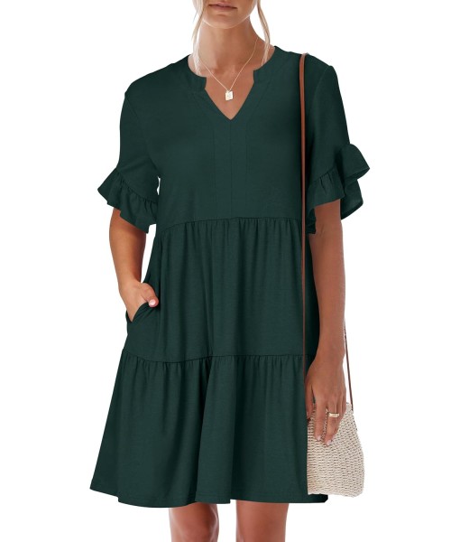 ANRABESS Womens Summer 2025 Trendy Ruffle Short Sleeve V Neck A Line Tiered Flowy Loose Casual Mini Beach Dress with Pockets