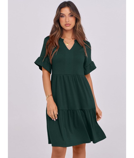 ANRABESS Womens Summer 2025 Trendy Ruffle Short Sleeve V Neck A Line Tiered Flowy Loose Casual Mini Beach Dress with Pockets