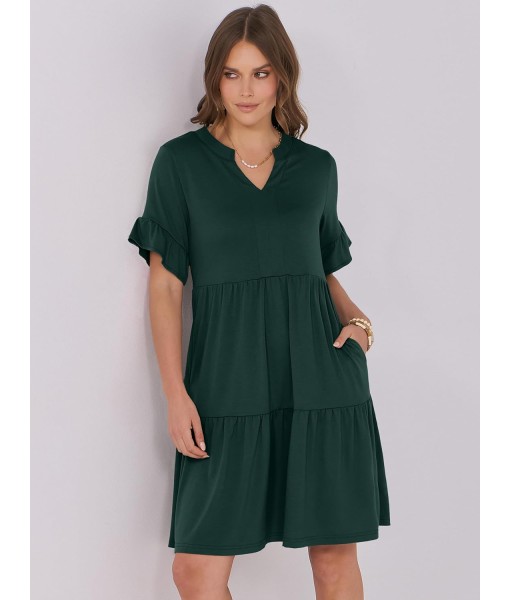 ANRABESS Womens Summer 2025 Trendy Ruffle Short Sleeve V Neck A Line Tiered Flowy Loose Casual Mini Beach Dress with Pockets