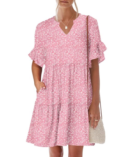 ANRABESS Womens Summer 2025 Trendy Ruffle Short Sleeve V Neck A Line Tiered Flowy Loose Casual Mini Beach Dress with Pockets