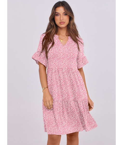 ANRABESS Womens Summer 2025 Trendy Ruffle Short Sleeve V Neck A Line Tiered Flowy Loose Casual Mini Beach Dress with Pockets